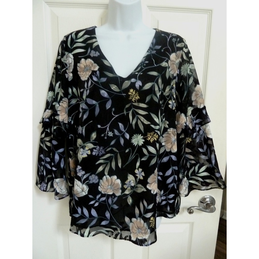Calvin Klein Women Medium Black Floral V-Neck Ruffle Flared 3/4 Sleeve Blouse